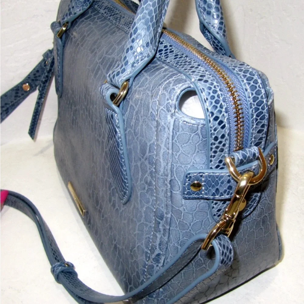 Brahmin Micaela Blue Snake Textured Genuine Leather Satchel